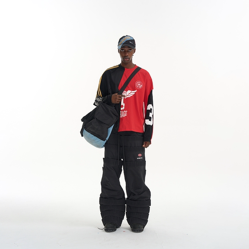 EXITMODE BY BLINDNOPLAN26SS撞色拼接毛边休闲宽松印花假两件T恤