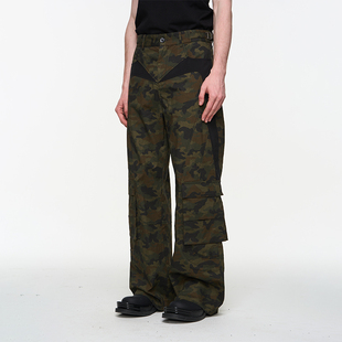 BLINDNOPLAN 24SS 撞色拼接肌理格纹迷彩工装长裤