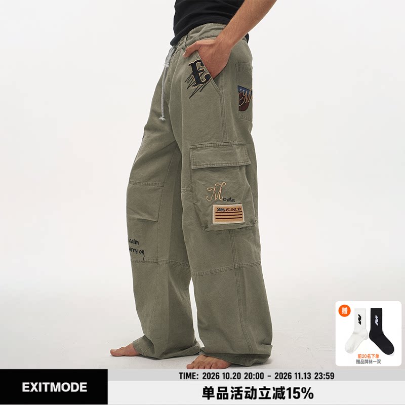 EXITMODE 26FW美式复古水洗做旧涂鸦工装裤多口袋刺绣徽章直筒裤