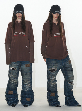 EXITMODE BY BLINDNOPLAN 24AW 做旧水洗泼墨假两件长袖POLO衫