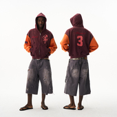 卫衣开衫 EXITMODE26SS拼接撞色水洗宽松休闲运动 十字战马 外套