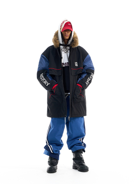 EXITMODE BY BLINDNOPLAN 25AW 拼色刺绣长款毛领棉服棉衣外套