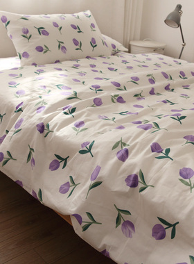 花开如意床单花卉紫色纯棉床单被套枕套全棉被罩床笠斜纹简约清新