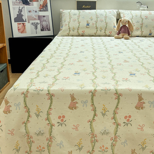 高档加厚老粗布藤蔓兔纯棉床单床笠全棉加大炕单宿舍亚麻棉三件套