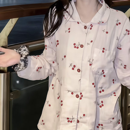 白鹿同款开衫长袖长裤睡衣甜樱桃双层纱翻领简约全棉纯棉家居服