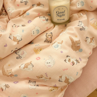 A类卡通双层纱小奶猫母婴级纯棉纱布单件床单被套枕套可配3四件套