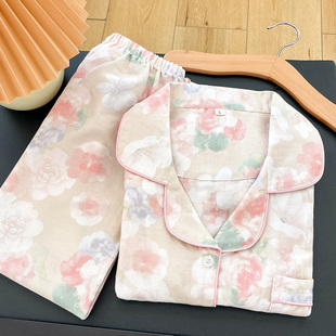 A类双层纱纯棉云水谣翻领睡衣长袖长裤两件套全棉纱布家居服套装