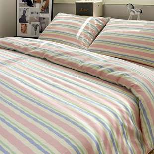 梦幻条纹四件套全棉纯棉条纹被套床单简约ins风床品宿舍床上3件套