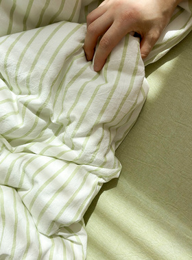 水洗棉绿色条纹简约床上用品纯棉全棉床单床笠单人宿舍可配三四件