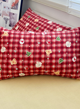 A类双层纱红格小兔全棉儿童枕套一对装单件40x60cm学生宿舍枕头套