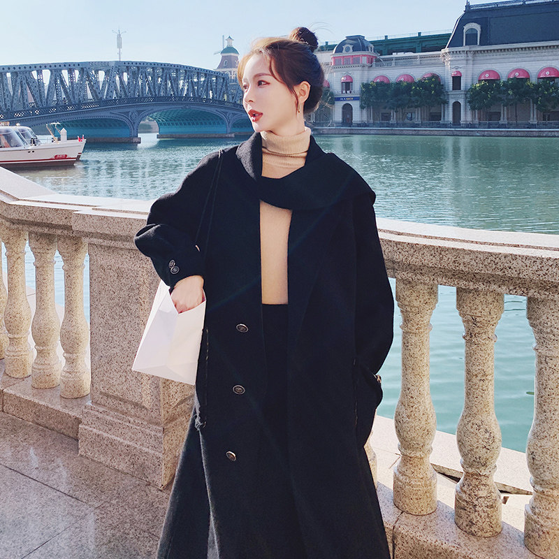 豹纹赫本风黑色毛呢大衣女秋冬2023新款中长款韩系加厚呢子外套图片