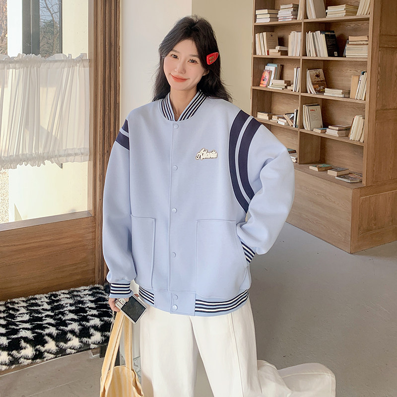 蓝色美式复古棒球服外套女春秋2025新款学院韩版宽松休闲夹克上衣,女装短外套,浙宝199