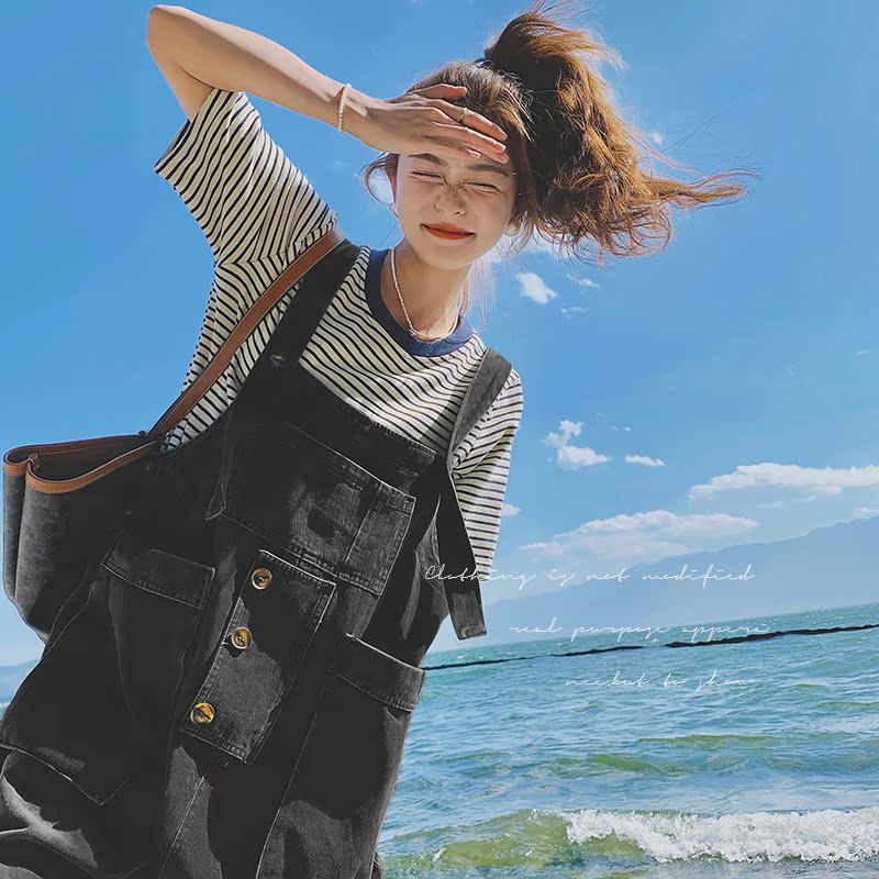 粉色牛仔背带裤女2025春秋夏新款韩版宽松奶fufu高腰小个子阔腿裤，女装休闲裤，浙宝199
