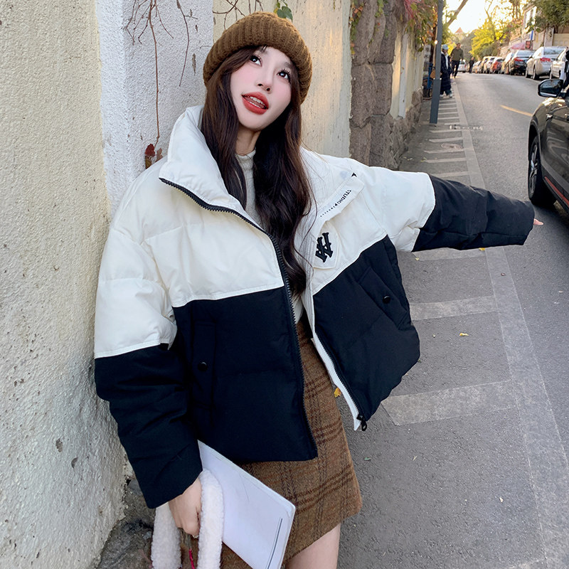黑白拼接立领羽绒服女冬短款2024新款小个子加厚拼色90白鸭绒,女装羽绒服,浙宝199