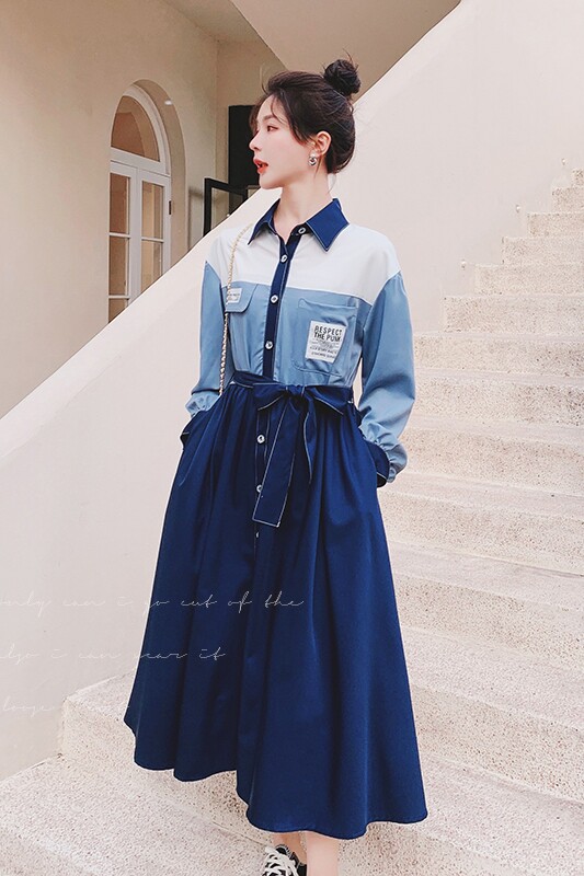 法式拼色蓝色长袖连衣裙女2025早春新款衬衫裙不规则桔梗a字长裙,女装连衣裙,浙宝199
