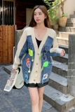 韩系牛仔拼接毛衣外套女2024春秋新款设计感小众宽松开衫针织上衣，女装短外套，浙宝199