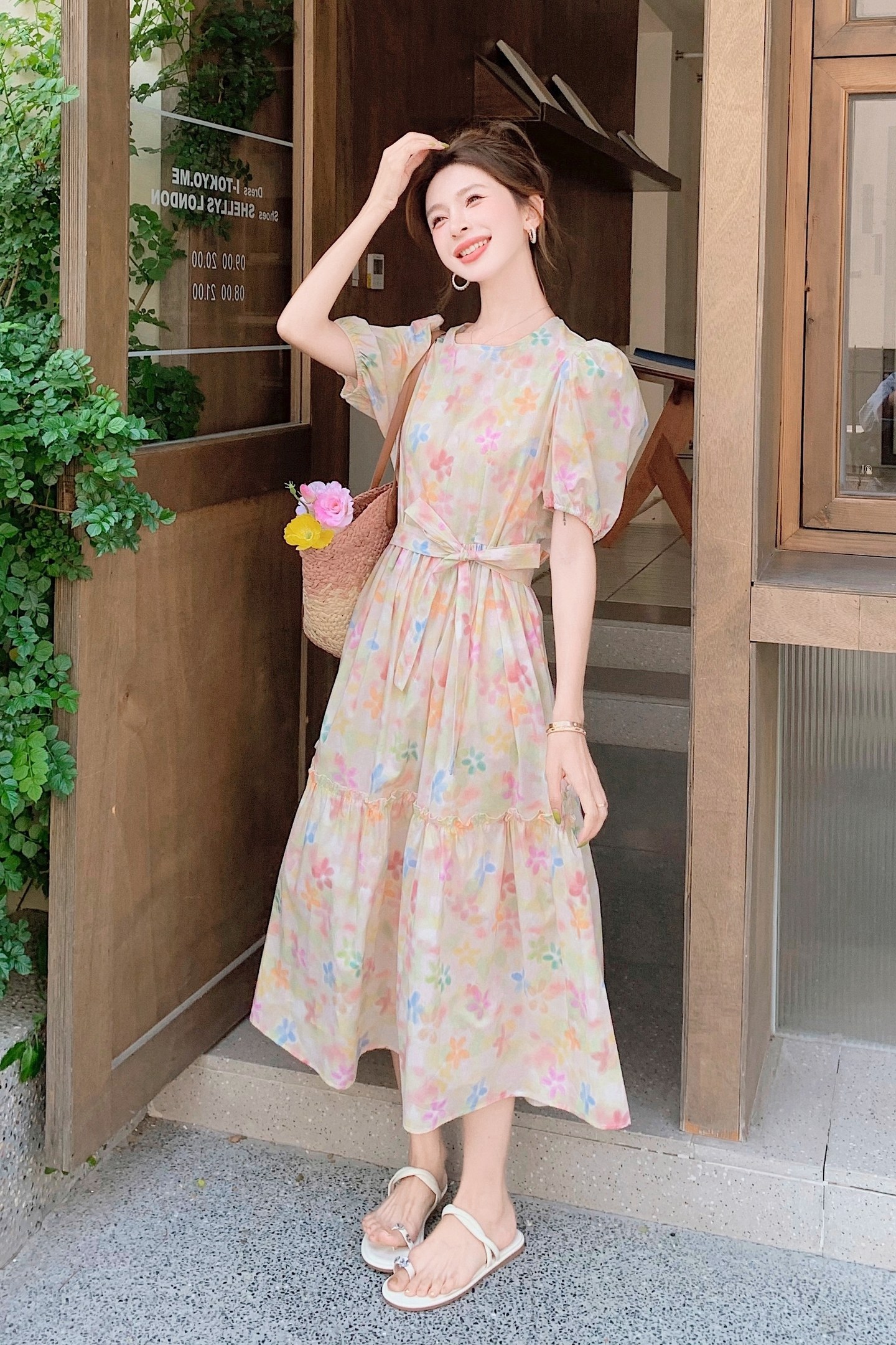 法式浪漫泡泡袖碎花连衣裙女2025夏季新款海边度假风绝美收腰裙子,女装连衣裙,浙宝199