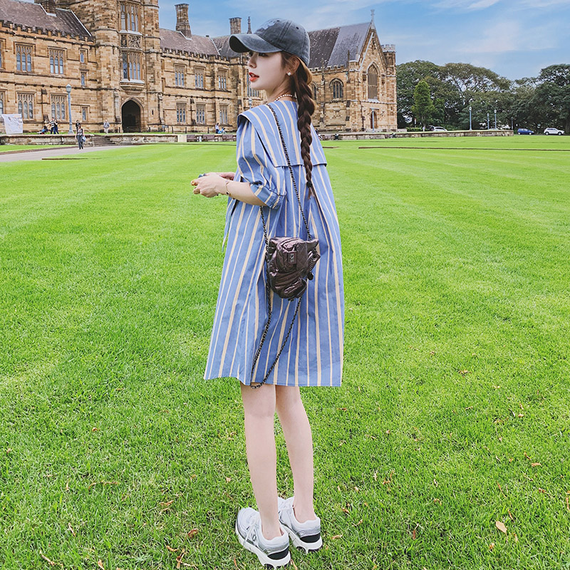 韩系学院风蓝色条纹海军领A字连衣裙2025夏季新款宽松休闲裙子女，女装连衣裙，浙宝199