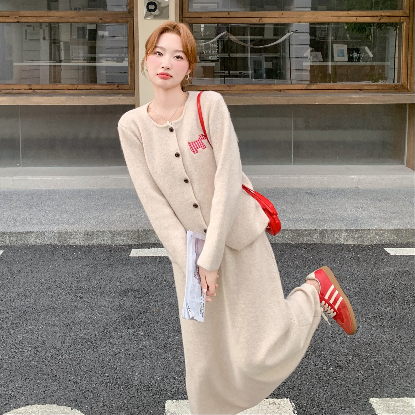 199-26375-P135-控198【好款现货】二件套弹力半身裙毛织套装开衫,女装套装/套裙,浙宝199