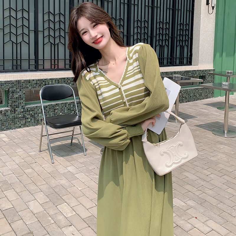 绿色条纹针织连衣裙女春秋2024新款法式气质温柔风假两件显瘦长裙，女装连衣裙，浙宝199