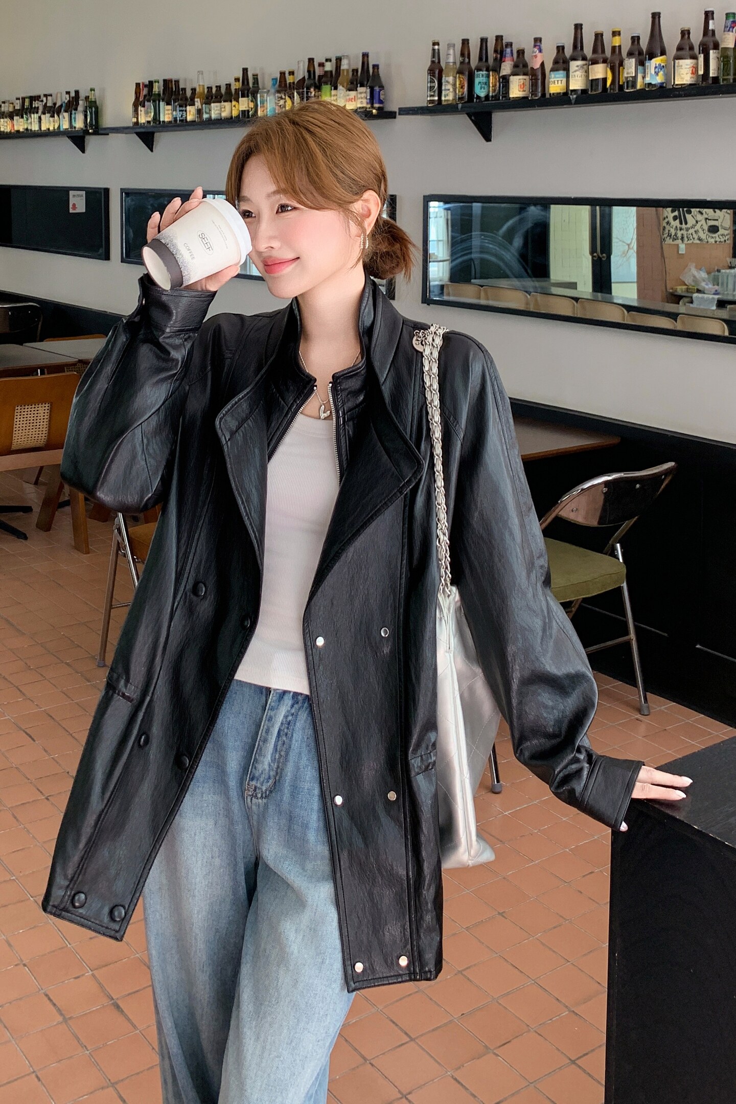 199-26337-P165-控238【好款现货】皮衣双层领立领中长款外套,女装短外套,浙宝199