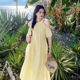 多巴胺黄色泡泡袖挂脖连衣裙女夏慵懒风松弛独特绝美度假露肩长裙，商品下架区，浙宝199