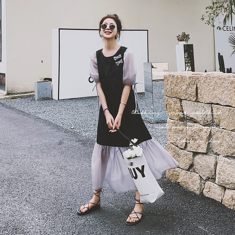 MJ孕妇装夏季圆领黑白撞色拼接短袖宽松A版连衣裙，女装连衣裙，浙宝199