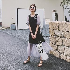 MJ孕妇装夏季圆领黑白撞色拼接短袖宽松A版连衣裙,女装连衣裙,浙宝199