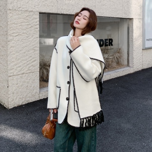 韩系撞色毛呢外套女2025秋季新款小众独特设计感气质宽松百搭开衫图片