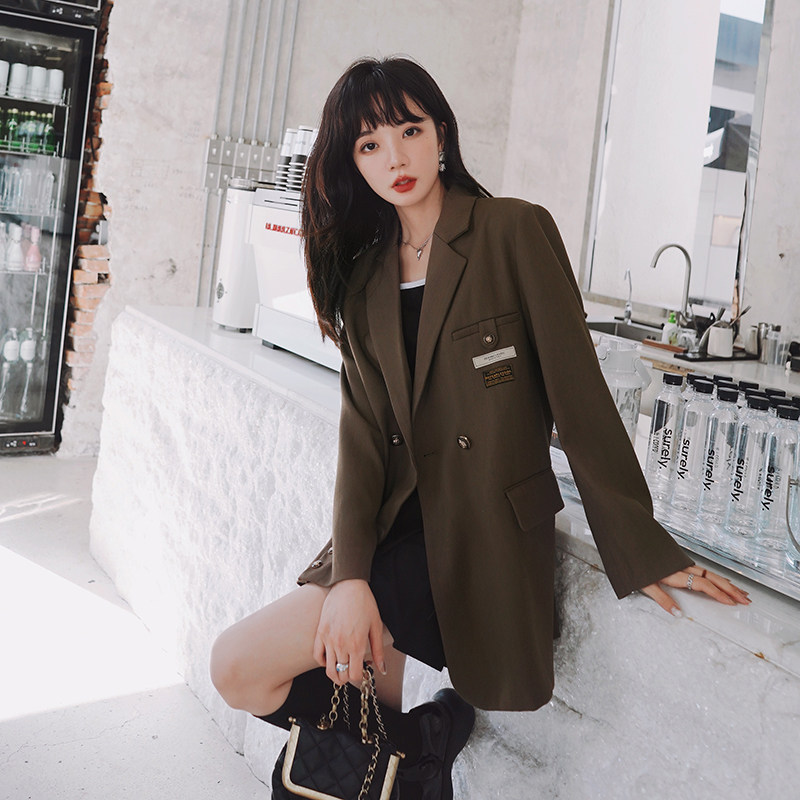 欧洲站小西装外套女春秋2023年薄款宽松贴标双排扣西服休闲上衣潮,女装风衣,浙宝199