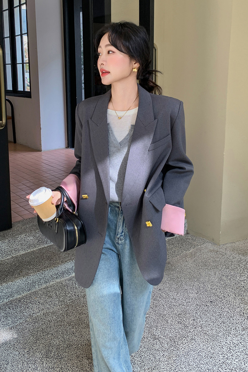 韩系大女主短外套女2025早春新款粉灰撞色拼接超好看宽松显瘦西装,女装西装,浙宝199