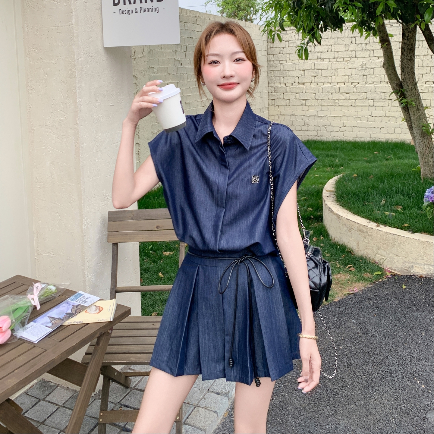 199-26208-P155-控228【好款现货】牛仔套装百褶短裙二件套，女装套装/套裙，浙宝199