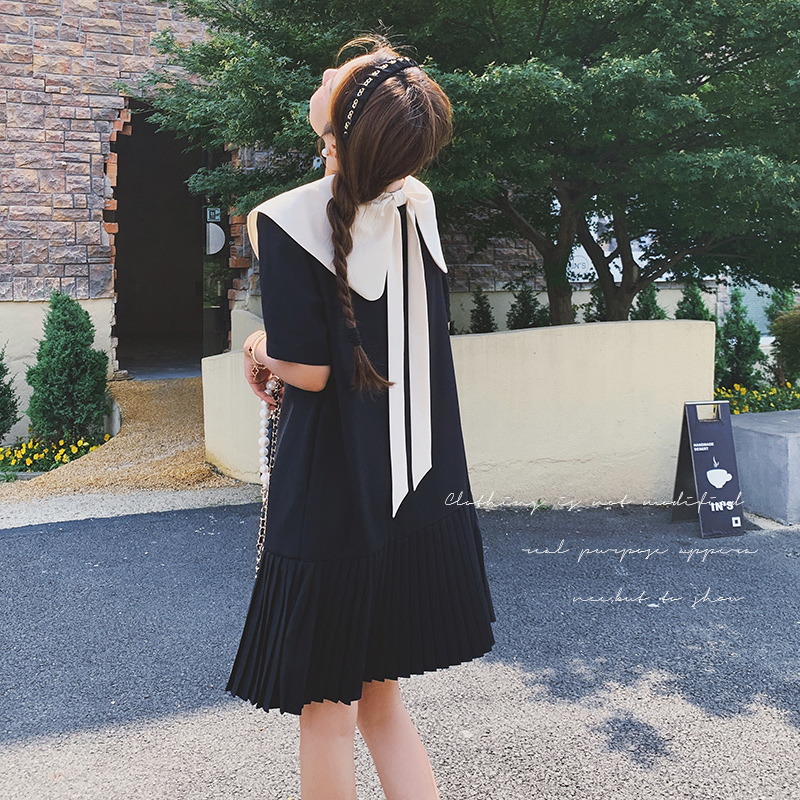 学院风娃娃领连衣裙女夏2025新款奶甜少女宽松高级感百褶小黑裙仙，商品下架区商品下架区，浙宝199