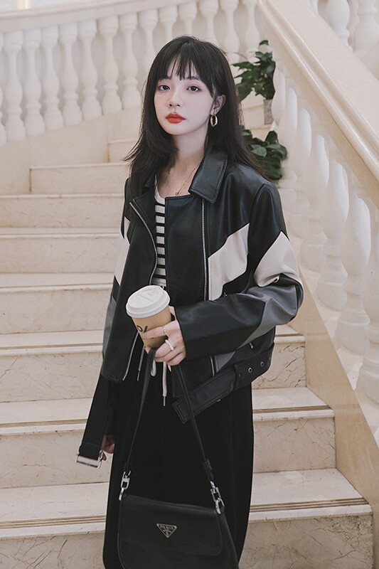 短款秋季长袖皮衣外套显瘦撞色拼接女装修身百搭春秋时尚休闲真皮,女装皮衣,浙宝199