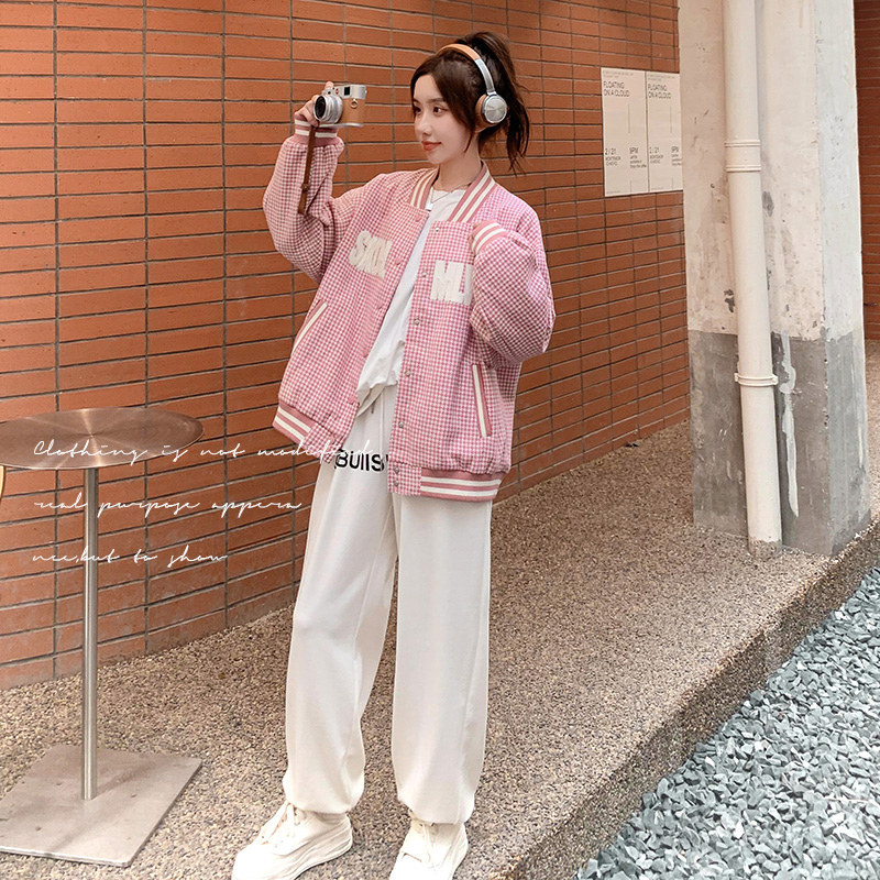 设计感粉色棒球服短外套女2025春秋季新款学院风甜美减龄夹克上衣,女装短外套,浙宝199