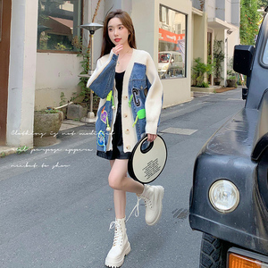韩系牛仔拼接毛衣外套女2024春秋新款设计感小众宽松开衫针织上衣图片