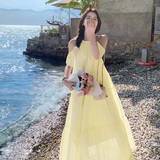 多巴胺黄色泡泡袖挂脖连衣裙女夏慵懒风松弛独特绝美度假露肩长裙，商品下架区，浙宝199