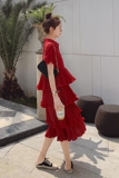 红色超仙森系初恋裙女2025夏新款高腰显瘦衬衫裙气质蛋糕裙连衣裙，女装连衣裙，浙宝199