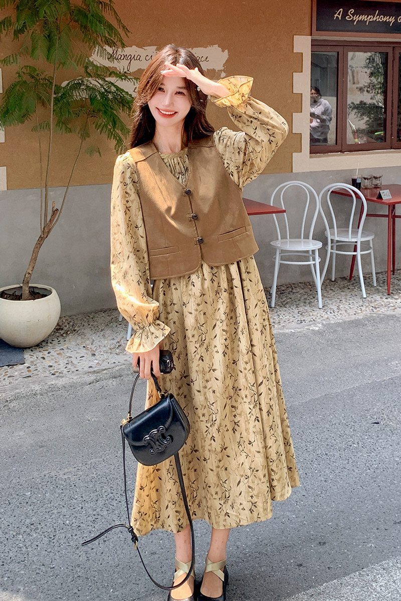 麂皮绒马甲碎花连衣裙女2025新款早秋穿搭温柔风绝美长裙,女装连衣裙,浙宝199
