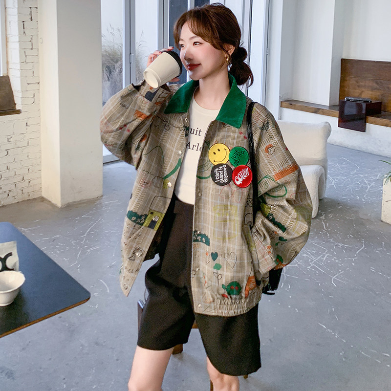 美式复古格纹涂鸦外套女2025春季新款学院风休闲减龄夹克上衣爆款,女装西装,浙宝199