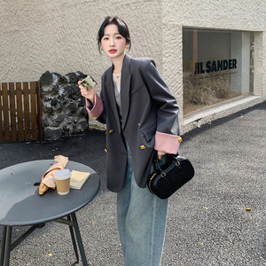 韩系大女主短外套女2025早春新款粉灰撞色拼接超好看宽松显瘦西装图片