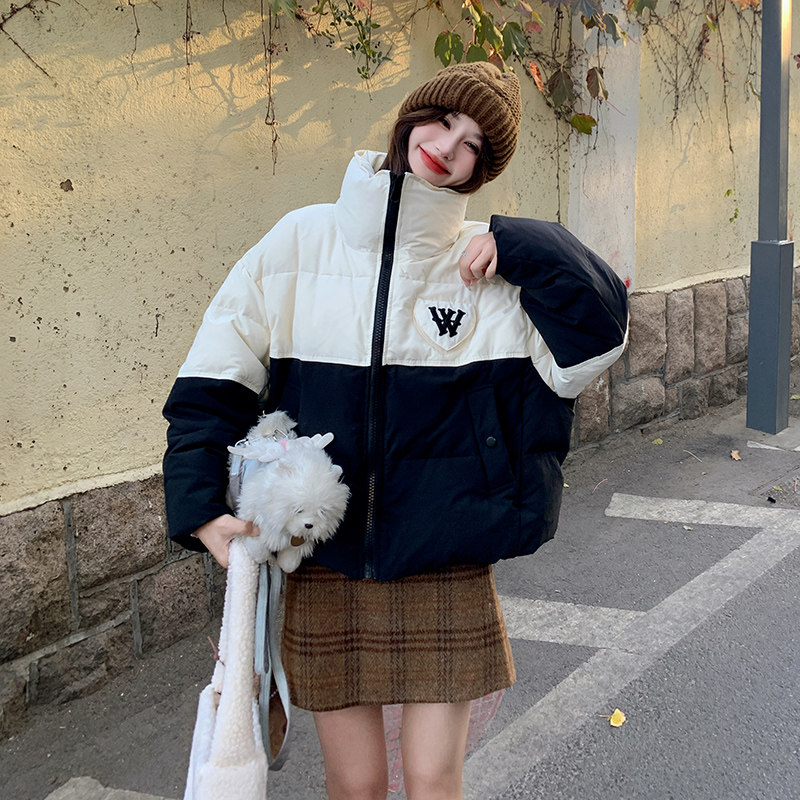 黑白拼接立领羽绒服女冬短款2024新款小个子加厚拼色90白鸭绒,女装羽绒服,浙宝199