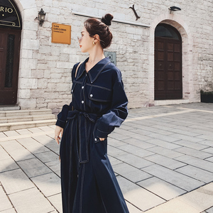 中长款蓝色裙子女秋季新款法式收腰显瘦长裙气质女神范绑带连衣裙图片