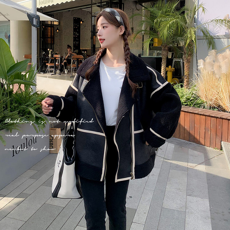 香港秋冬新款欧货皮毛一体机车黑色外套女慵懒风显瘦加厚保暖大衣,女装短外套,浙宝199