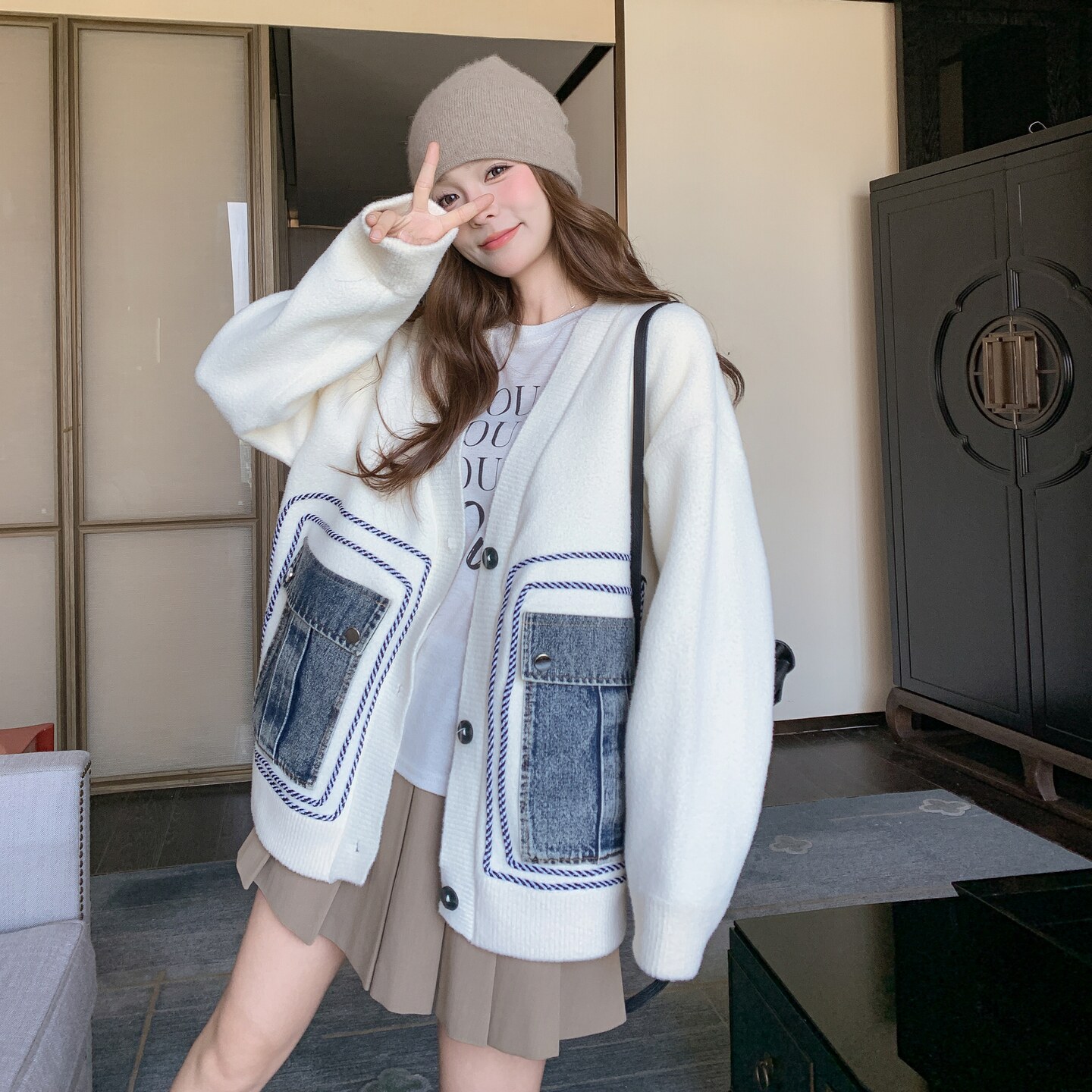 学院风牛仔拼接毛衣外套女秋季2025新款小个子高级感穿搭呢子大衣,女装短外套,浙宝199