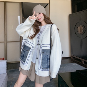 学院风牛仔拼接毛衣外套女秋季2025新款小个子高级感穿搭呢子大衣图片