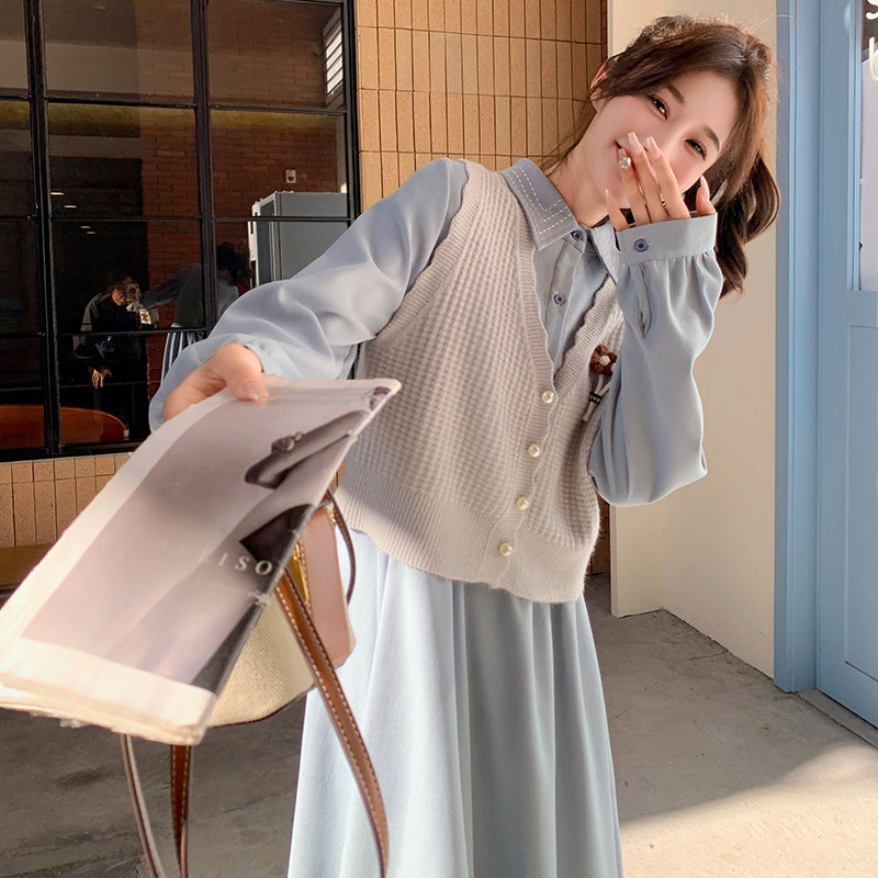 休闲风法式时尚套装气质衬衫春秋显瘦长裙长袖套装洋气高腰复古,女装套装/套裙,浙宝199