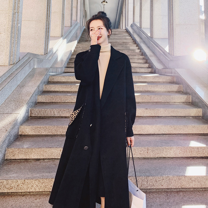 豹纹赫本风黑色毛呢大衣女秋冬2023新款中长款韩系加厚呢子外套,女装毛呢外套,浙宝199