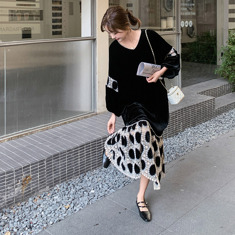 黑色丝绒拼接钉珠连衣裙女2025春季新款法式高级感宽松显瘦长裙潮,女装连衣裙,浙宝199