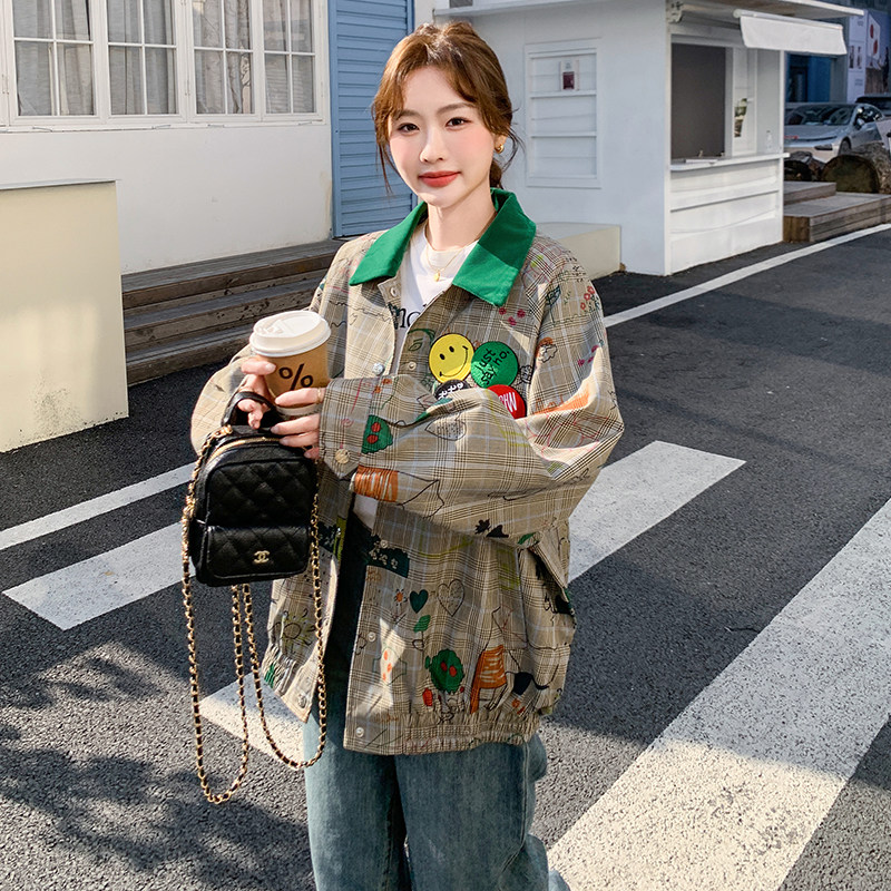 美式复古格纹涂鸦外套女2025春季新款学院风休闲减龄夹克上衣爆款,女装西装,浙宝199